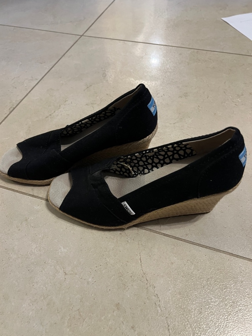 Toms Black Canvas Wedge Espadrilles with Cream Toe Cap - Women